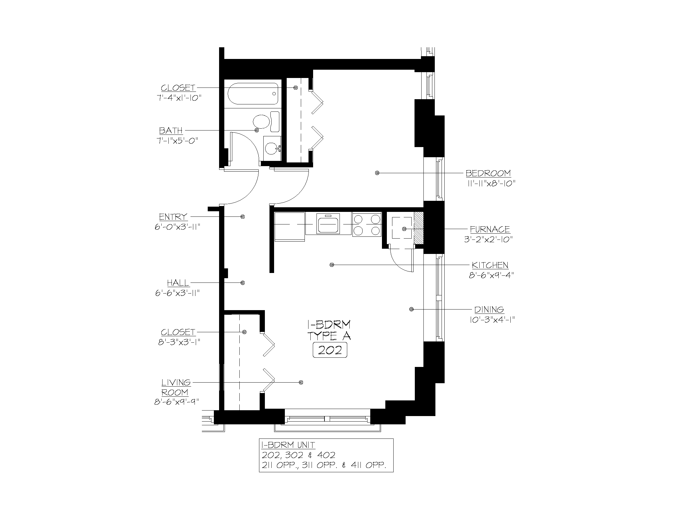 Floor plan for 1 bed, 1 bath, 500 sqft